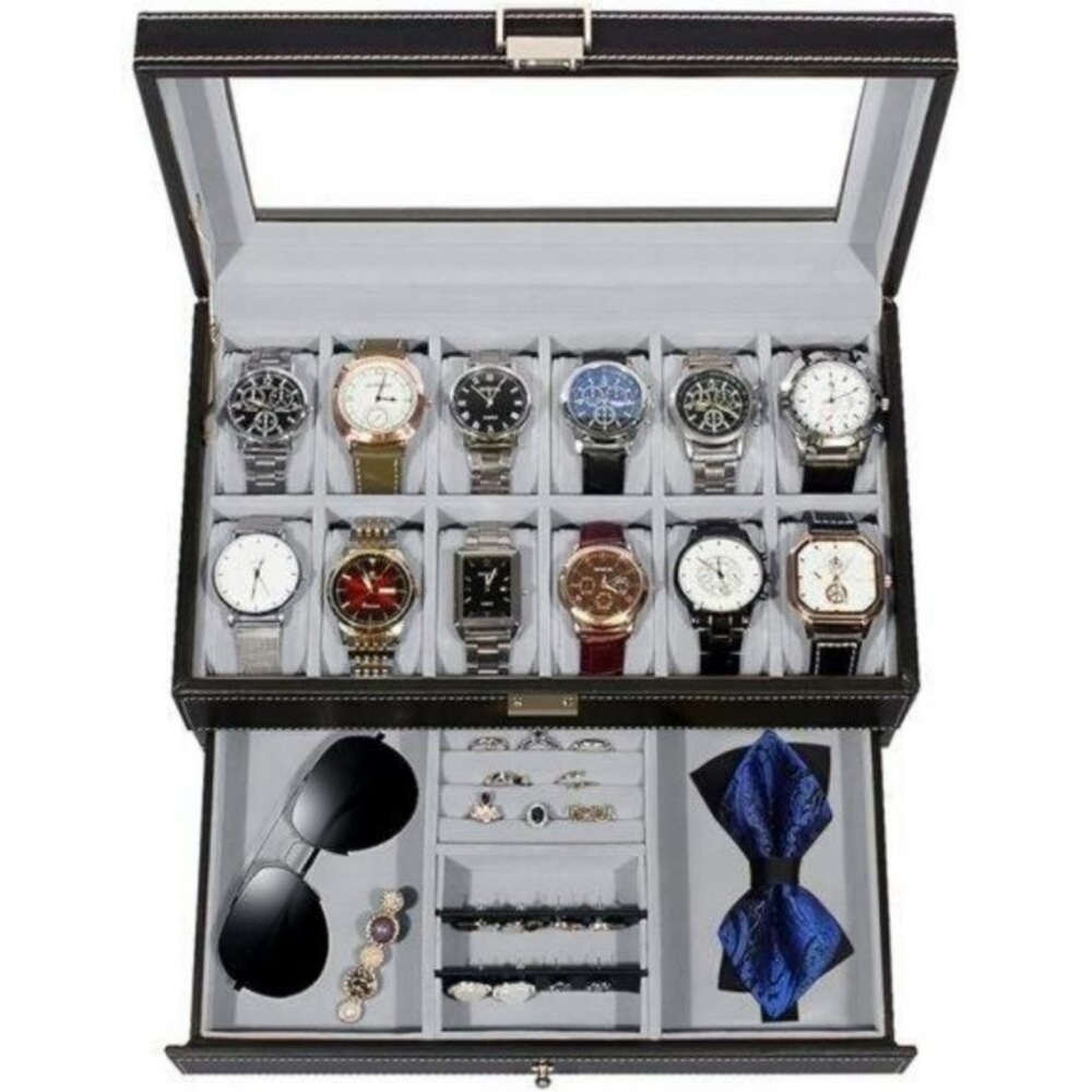 Men's Watch Box Case Organizer Large Black Leather 2 Layer 12 slot Gift for Men